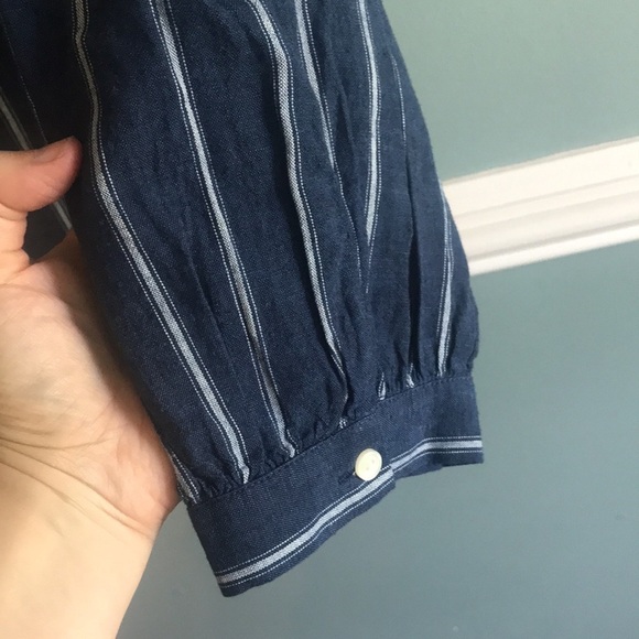 J. Crew Linen Tie Waist Long Sleeve Top Indigo Gauze Stripe SZ 8. Coastal - Picture 6 of 11